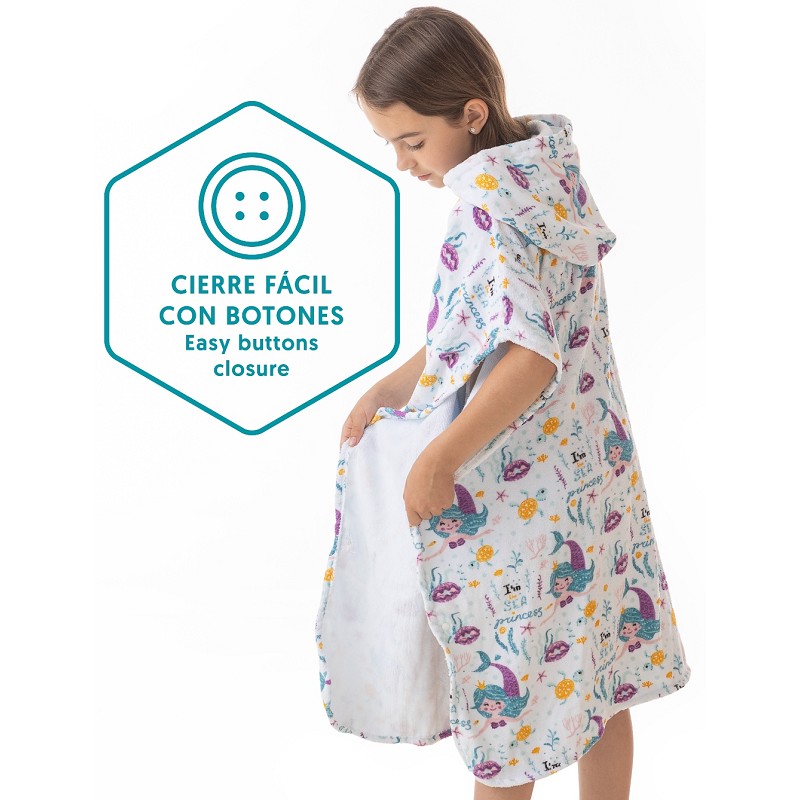 Poncho Infantil de Terciopelo 100% Algodón Diseño Estampado Sirenitas