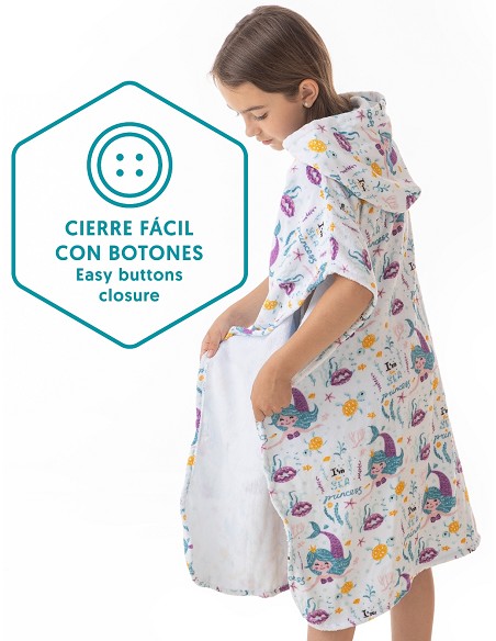 Poncho Infantil de Terciopelo 100% Algodón Diseño Estampado Sirenitas