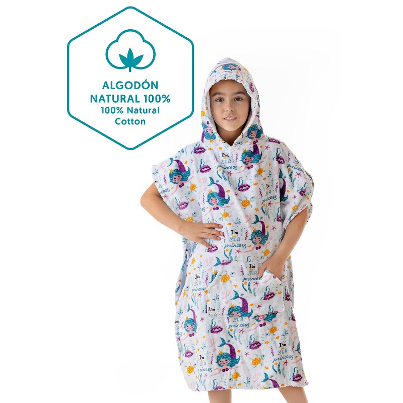 Poncho Infantil de Terciopelo 100% Algodón Diseño Estampado Sirenitas