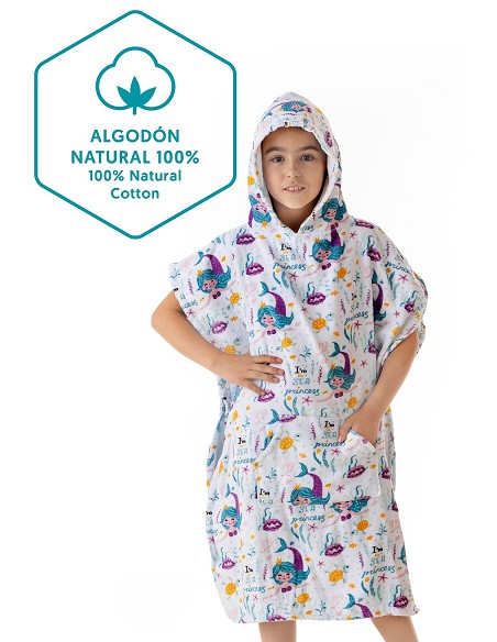 Poncho Infantil de Terciopelo 100% Algodón Diseño Estampado Sirenitas
