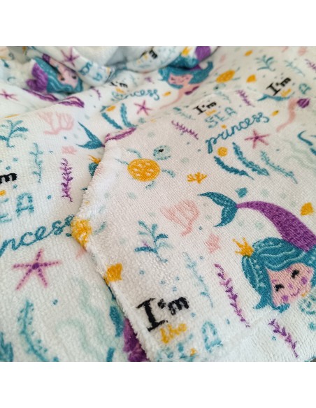 Poncho Infantil de Terciopelo 100% Algodón Diseño Estampado Sirenitas