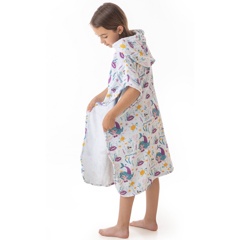 Poncho Infantil de Terciopelo 100% Algodón Diseño Estampado Sirenitas