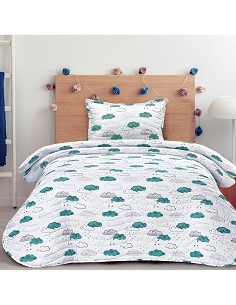 Colcha Bouti Cosida Infantil y Juvenil con Cojín Modelo Nubes Agua