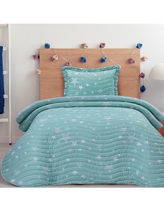 Colcha Bouti Cosida Infantil y Juvenil con Cojín Modelo Estrellas Stars Agua 2