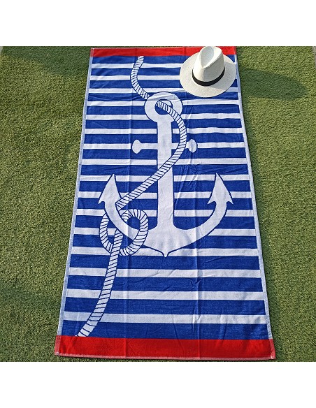 Toalla de Playa 100% Algodón Egipcio Terciopelo 85X165 cm Ancla Marinera