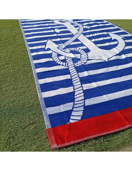 Toalla de Playa 100% Algodón Egipcio Terciopelo 85X165 cm Ancla Marinera